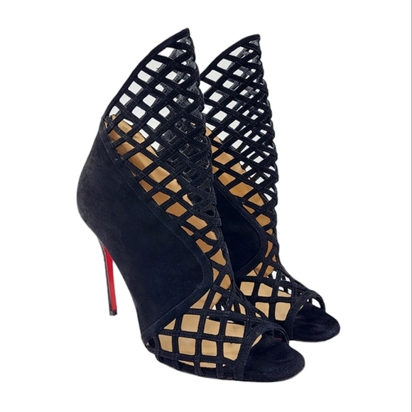 Christian Louboutin Shoes - Christian Louboutin Bougliona 100 Suede Ankle Boots Black Caged Booties 38